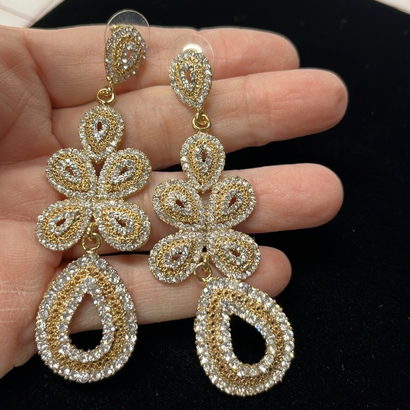Jewelry - RHINESTONE/GOLD EVENING 3" Drop Glamour Party Wedding Pierced Cocktail Earrings